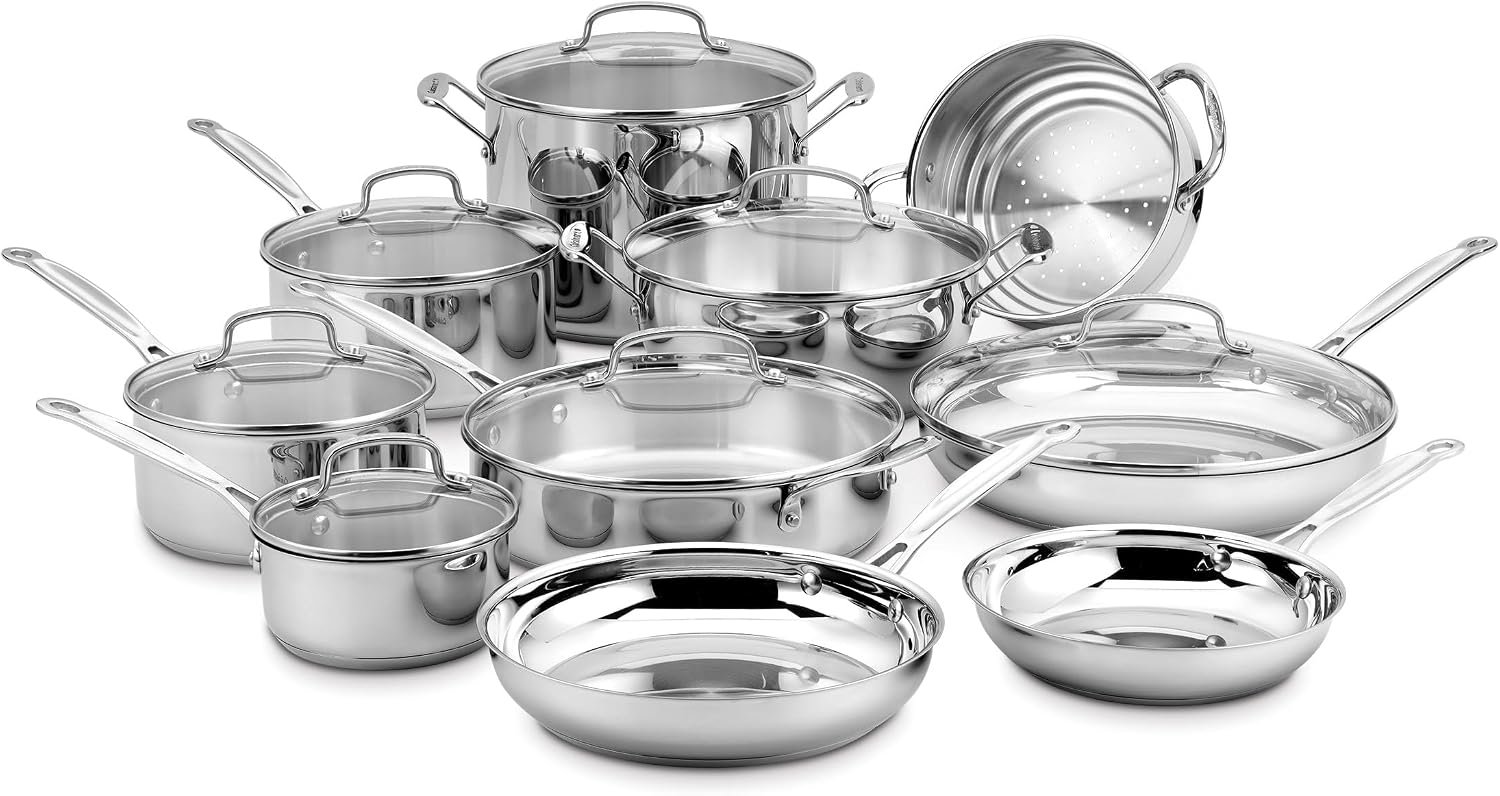 Test & Avis Cuisinart 17-Piece Stainless Steel Cookware Set, Chef's Classic Steel Collection with Pure Aluminum Core for Quick and Even Heat, Cool Grip Handles, Dishwasher Safe, 77-17N Dishwasher-safe stainless steel pans and pots with riveted handles & aluminum core for even heat, oven safe to 500°F, 77-17N