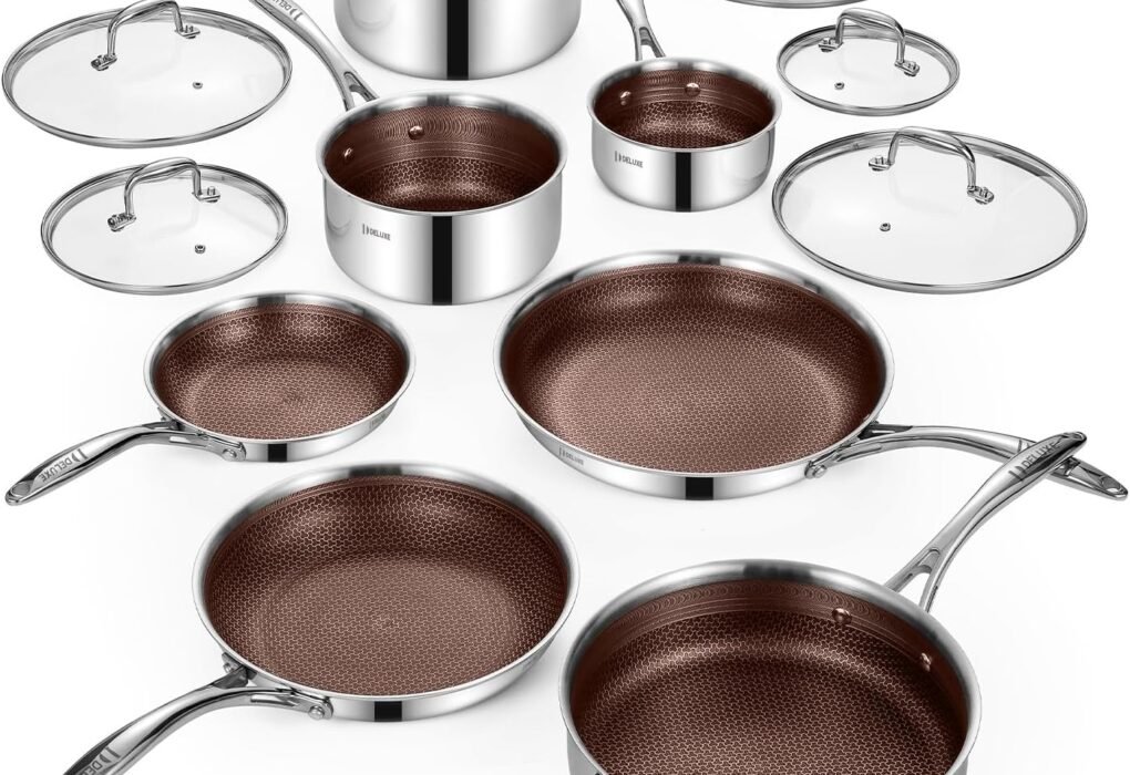 Test & Avis Deluxe13 Piece Hybrid Ceramic Nonstick Stainless Steel Cookware Set Scratch-resistant,5 PC Fry Pan Set, 6 PC Pot Set, 3.7QT Deep Sauté Pan&Lid, Induction,Stay Cool,FOR All Cooktops (Burgundy)