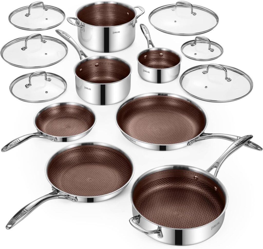 Test & Avis Deluxe13 Piece Hybrid Ceramic Nonstick Stainless Steel Cookware Set Scratch-resistant,5 PC Fry Pan Set, 6 PC Pot Set, 3.7QT Deep Sauté Pan&Lid, Induction,Stay Cool,FOR All Cooktops (Burgundy)